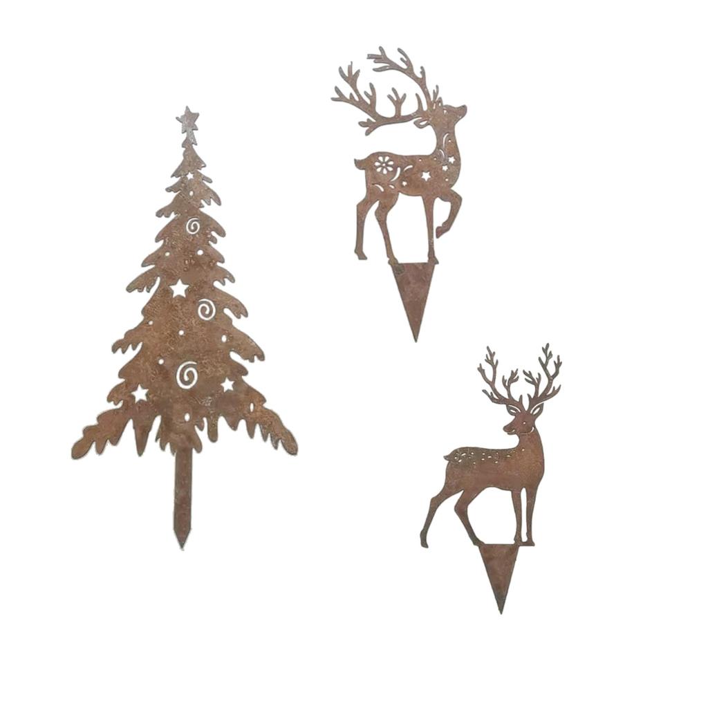 3-Piece Wrought Iron Christmas Tree and Deer Garden Decoration Stakes, Christmas Garden Decoration, Outdoor Courtyard Christmas Dec