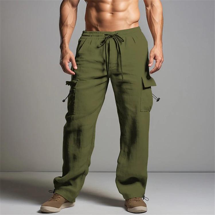 Men's Jogging Trousers Cotton Trousers Summer Beach Trousers Drawstring Elastic Waist Multi-pocket Solid Colour Breathable Casual Work Trousers