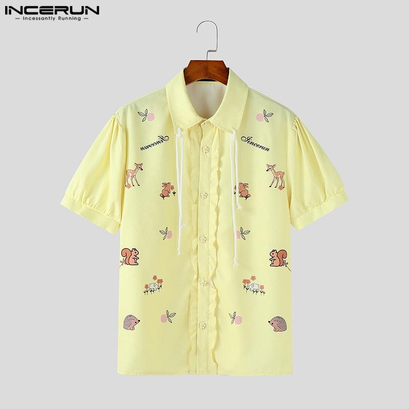 INCERUN Летние мужские повседневные праздничные топы с коротким рукавом и цветочным принтом с лацканами, футболки