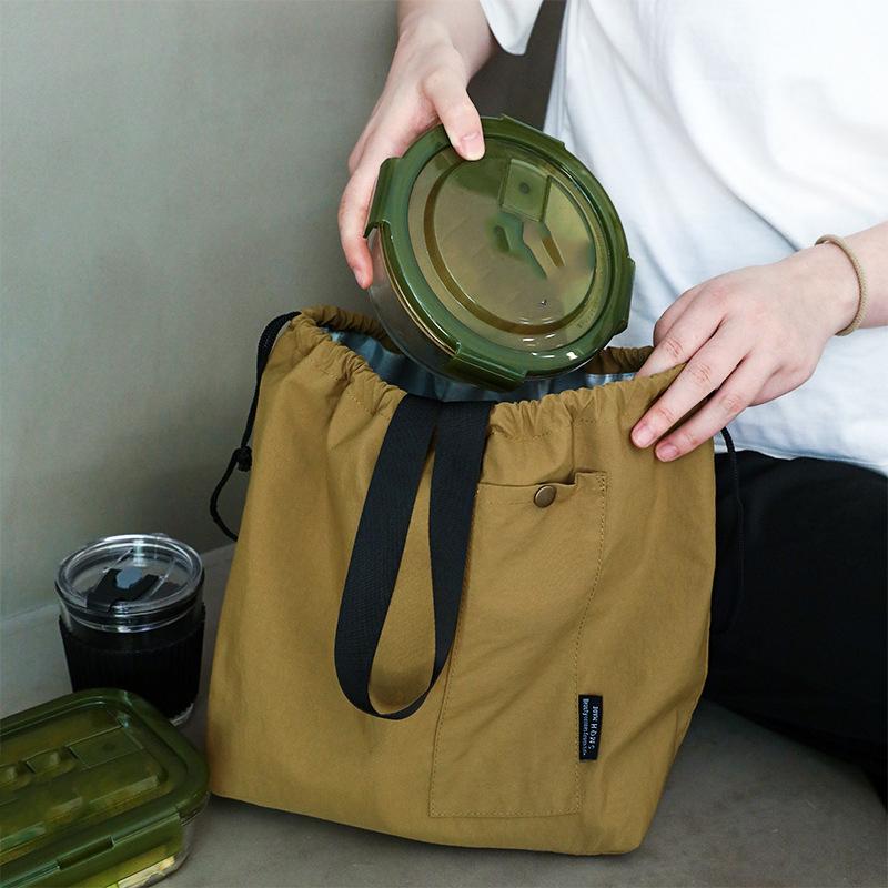 1pc Lunch Bag Large Capacity Hand-held Drawstring Double Layer Bento Box Bag Portable Insulated Picnic Bag Foldable Storage Bag