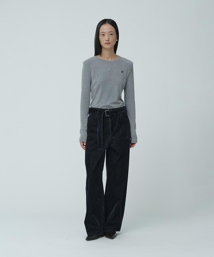 MUSEE Vitesse Curved Semi-Wide Buckle-Belted Denim Pants_Navy