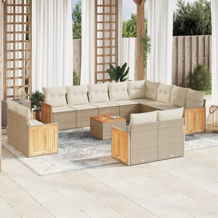 VidaXL Salon de Jardin avec Coussins 13 pcs, Canapés de Terrasse, Ensemble de Meubles de Patio, Mobilier d'Extérieur, Beige 3228200
