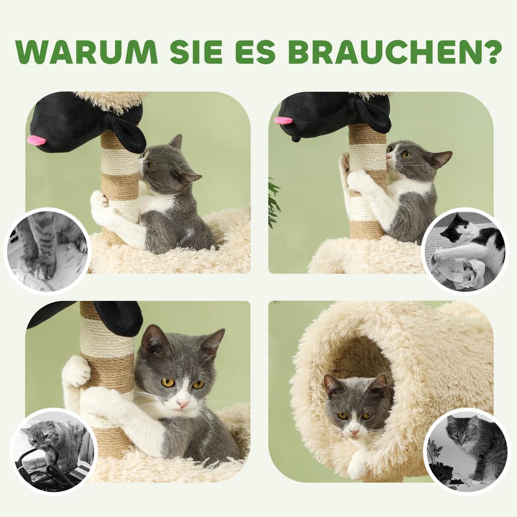 Cat Tree in Sheep Design, with Scratching Posts, Tunnel and Toy, 98 cm, Light Brown