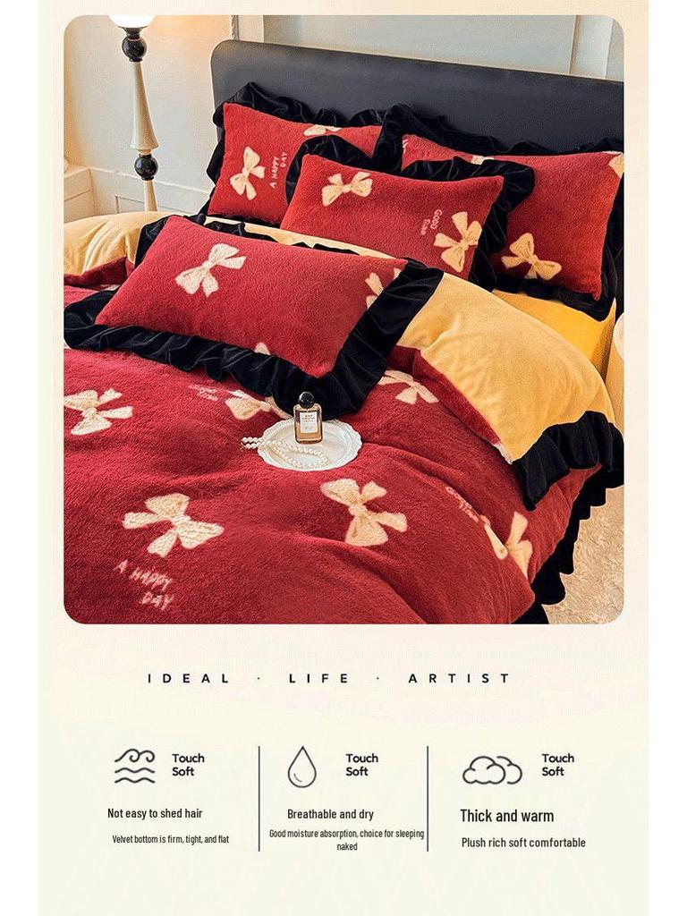 G5Z Winter Plush Coral Fleece Bedding Set - Thickened Double-Sided Duvet Cover & Bed Sheet, Three-Piece Set