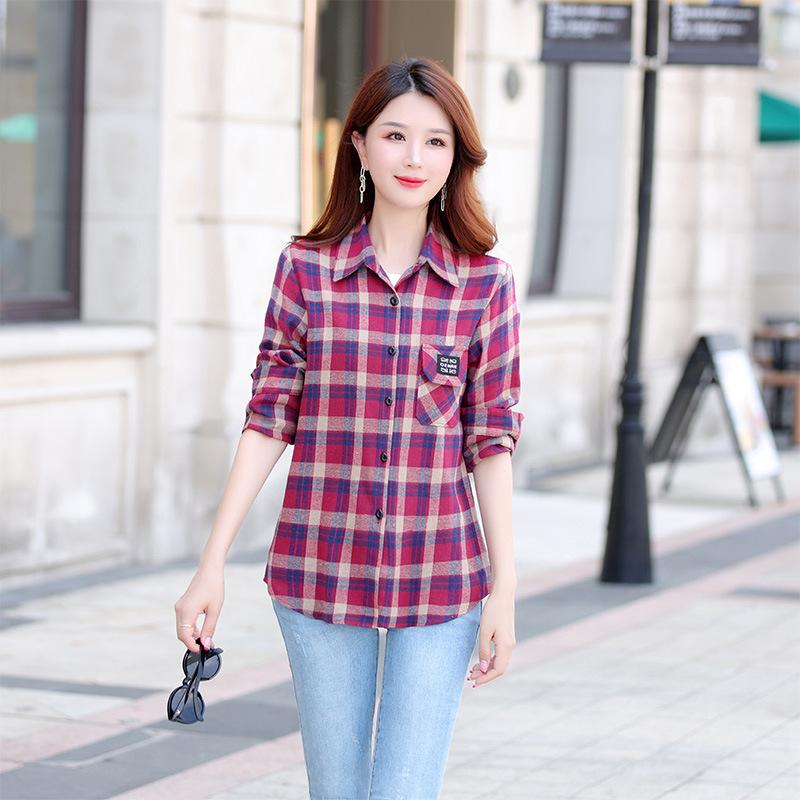 Women's Medium Length Striped Shirt Stand-up Plaid Shirt Casual Loose Shirt Office Shirt