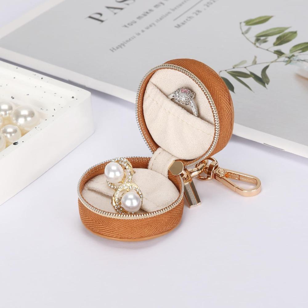 Mini Portable Jewelry Storage Bag Round Jewelry Box Simple Storage Case With Keychain Women