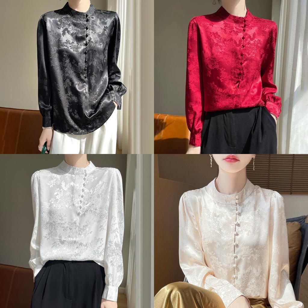 Satin Silk Blouse For Women With Stand Collar And Pockets For Office Casual Wear