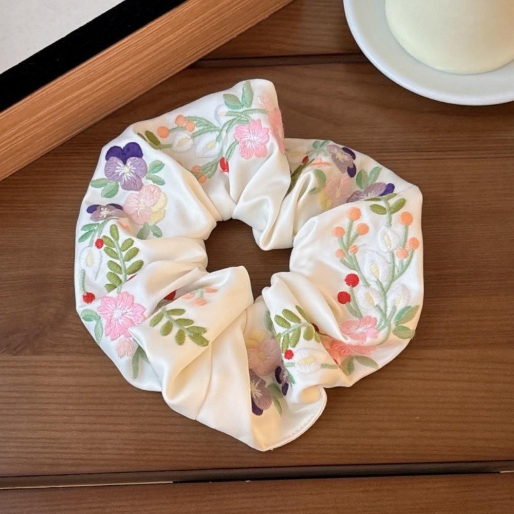 Luxury Colorful Floral Scrunchies Satin Large Embroidery Hair Scrunchies Ponytail Holder Oversized Hair Ropes Rubber Bands