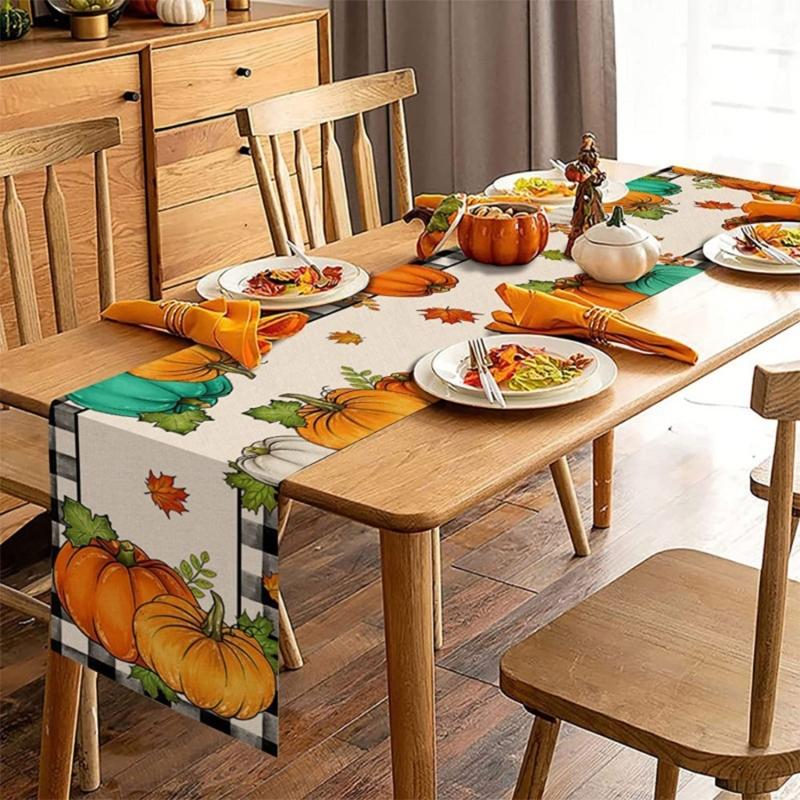 Festive Table Runner Fall Thanksgiving Pumpkin Leavest Table Runners Table Cloth for Holiday Decoration