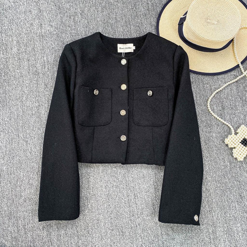 Осень Зима Женский Элегантный Маленький Ароматный Ветер Полный Рукав Однобортный Твидовый Короткий Пиджак Пальто с Карманом