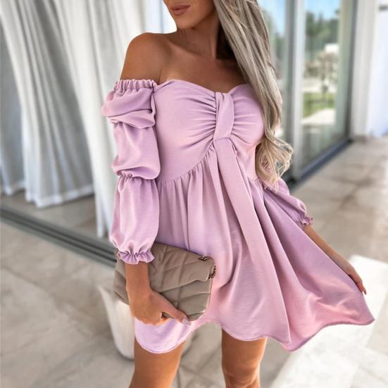 Women Mini Dress Off Shoulder Loose Hem High Waist Bubble Sleeves A-line Solid Color Soft Pleated Lady Beach Prom Dress