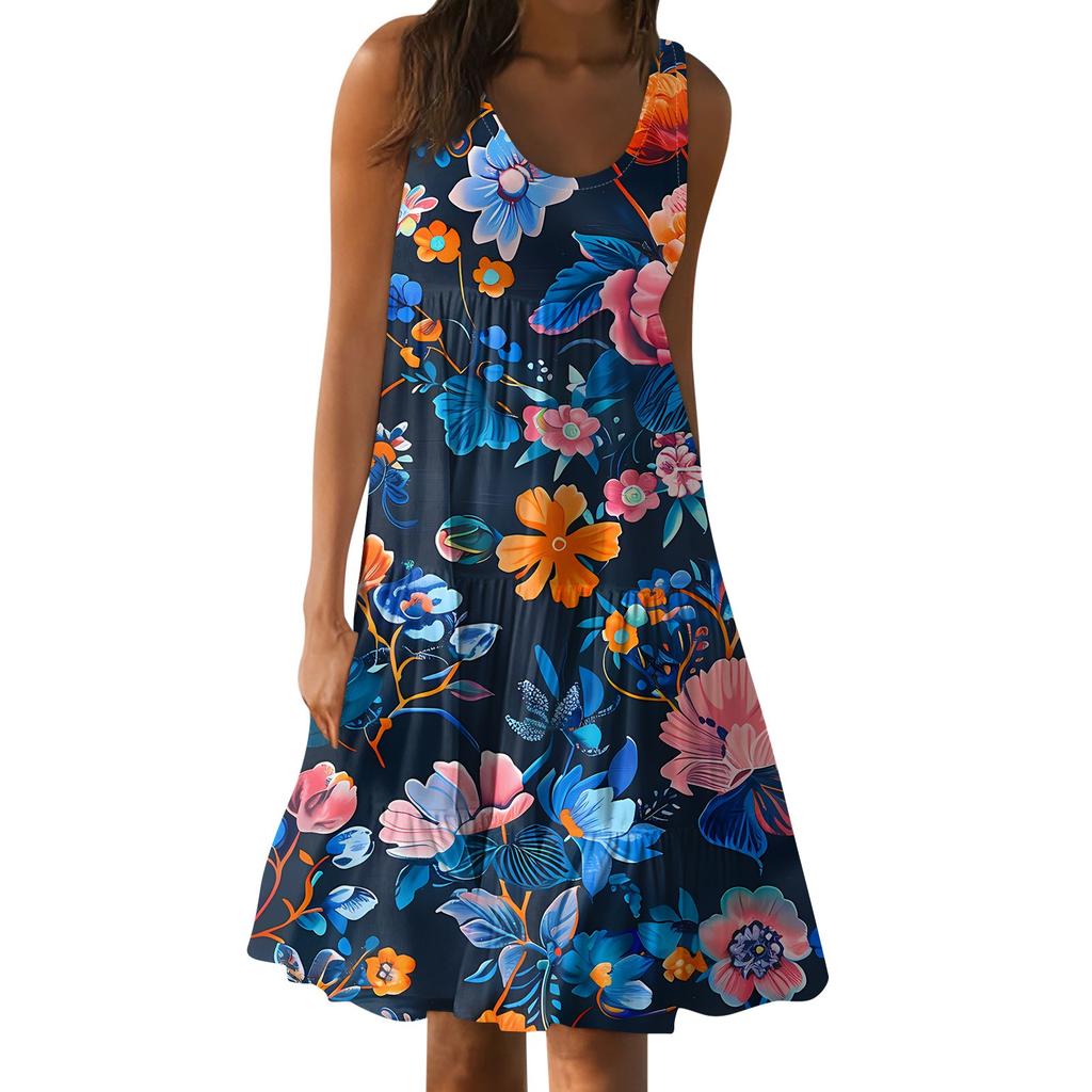 Hawaiian Dress For Women Summer Spring Pleated Bohemian Dresses Cute Sleeveless Flowing Beach Straight  Tank Dresses Round Neck Dresses