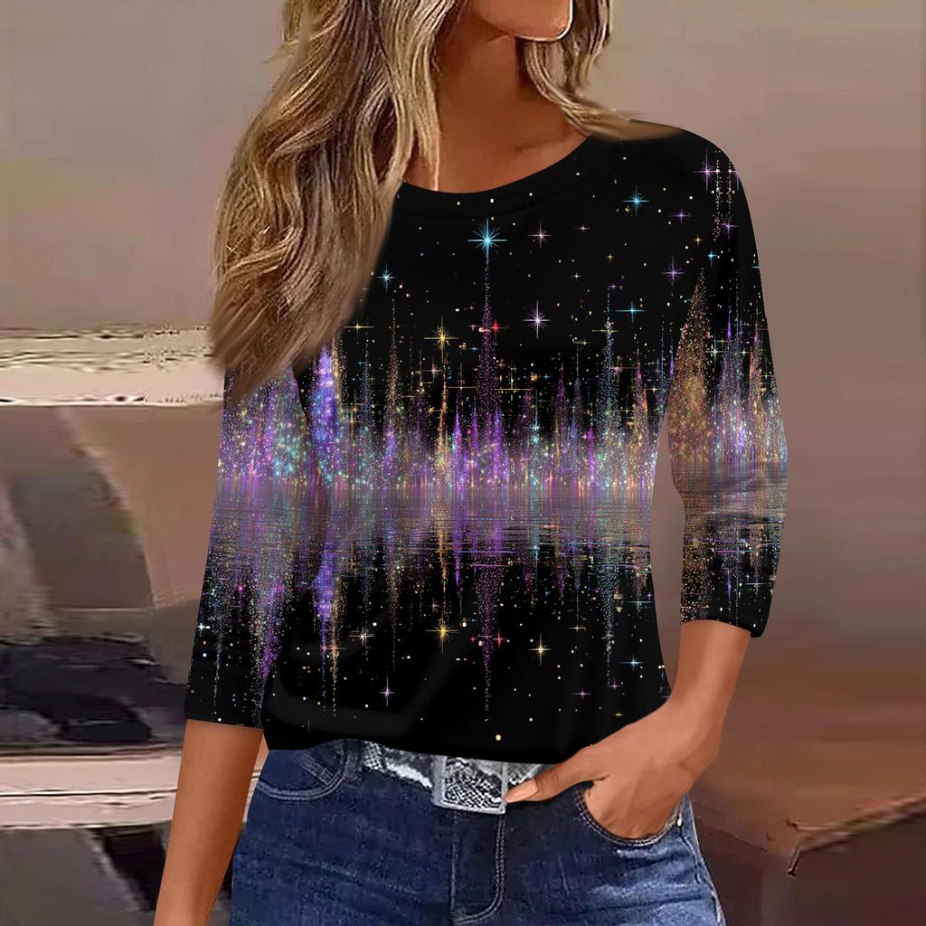 3/4 Length Sleeve Womens Tops Floral Print Vintage Fashion Casual Loose With Round Neck Plus Size Shirts