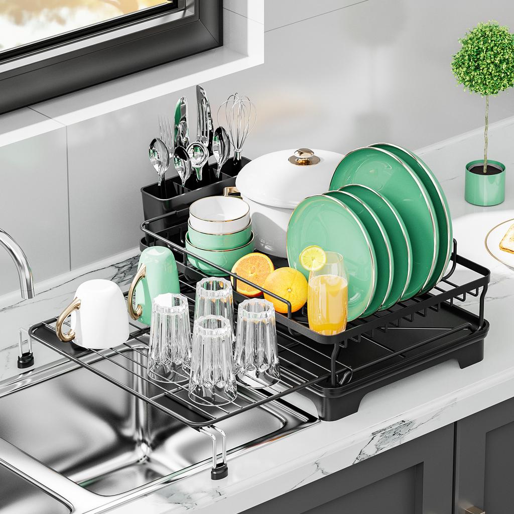 1 шт. Расширяемая сушилка для посуды, одноуровневая сушилка для посуды на столешницу с поддоном для сушки и держателем для посуды, для кухонных столешниц, кухонный органайзер