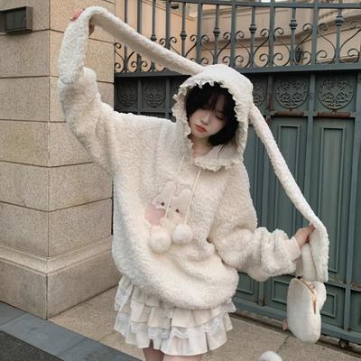 Толстовки с капюшоном Bunny для женщин, милые японские пуловеры из овечьей шерсти Cutecore, теплые зимние флисовые толстовки, свободные, мягкие, для девочек