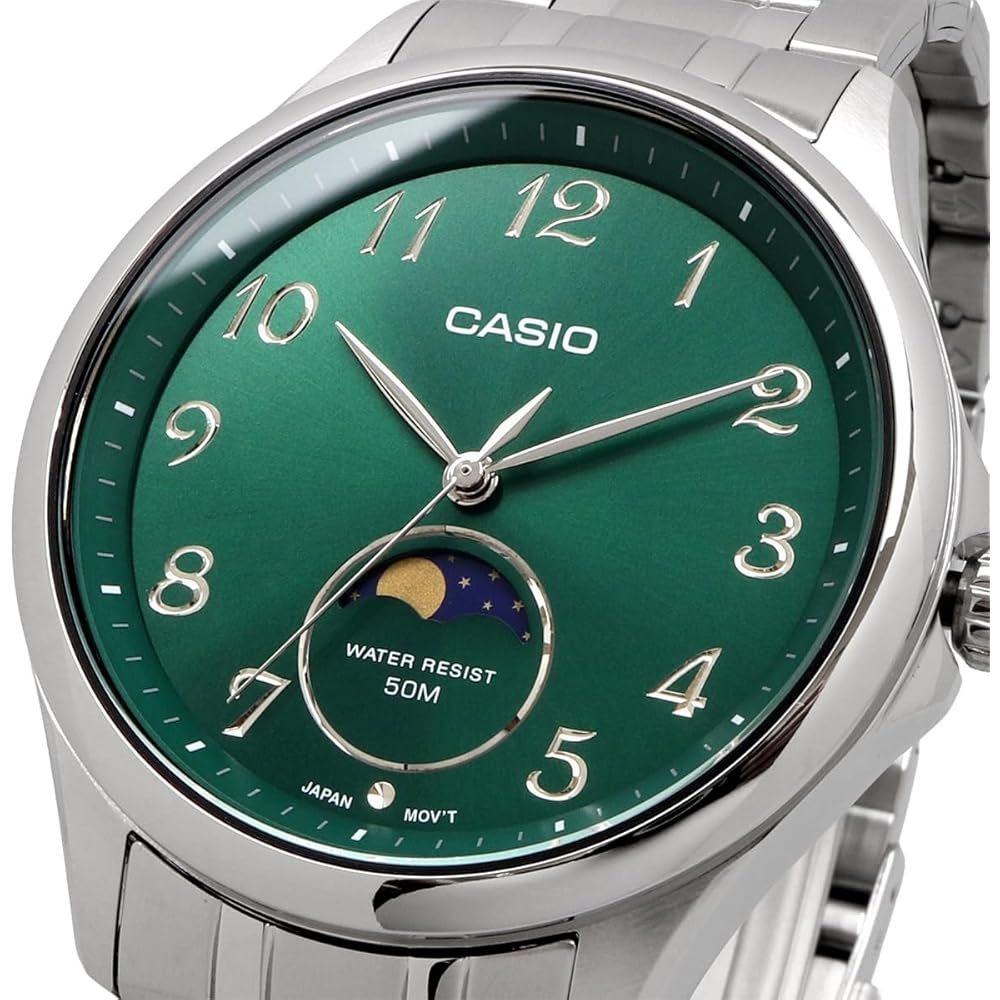 Casio Standard Moon Phase Analog Men's Watch MTP-M110D-3AV Round Face Metal Band Green