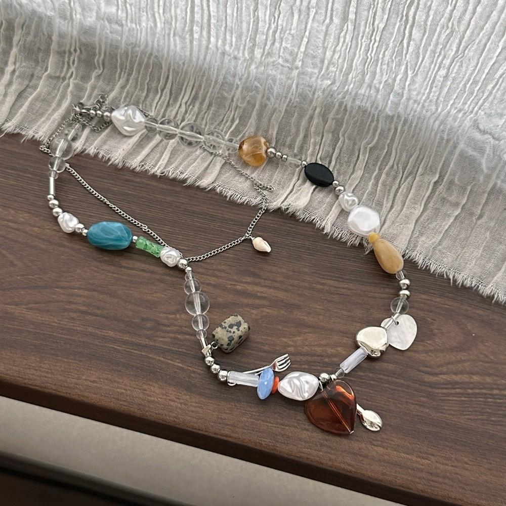 2pcs Double-layer Heart-shaped Pendant Necklace Fork Clavicle Chain Irregular Stone Necklace  Dating