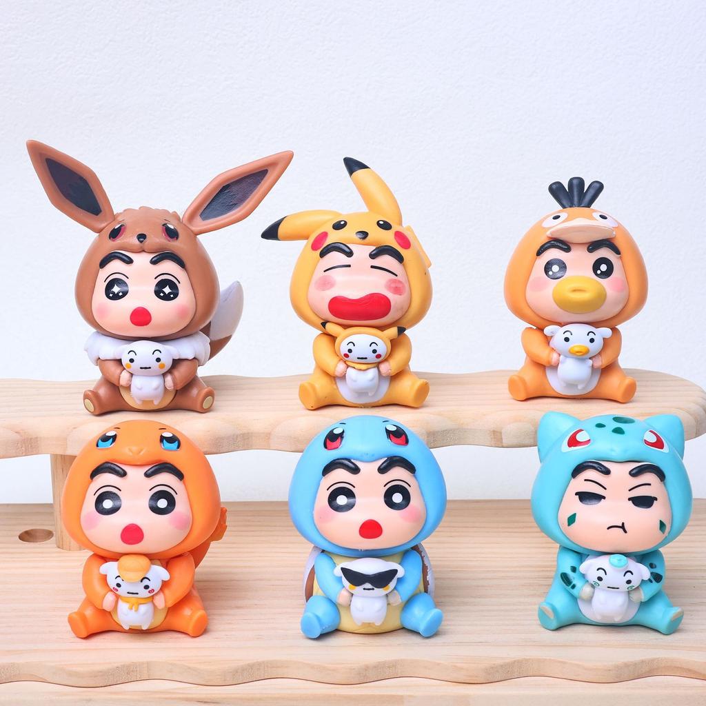 6pcs/set Crayon Shin chan Psyduck Eevee Charmander Bulbasaur Squirtle Action Figure Collection Model Toys