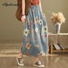 Mori Girl, весенне-осенняя женская джинсовая юбка миди, винтажная юбка с эластичной резинкой на талии и цветочным принтом, элегантная женская юбка в стиле ретро с карманами