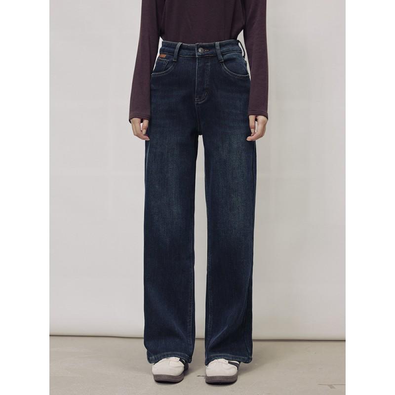 High-Waisted Relaxed Fit Fleece-Lined Denim Jeans Women Fall 2026 Vintage Casual Wide Leg Trousers