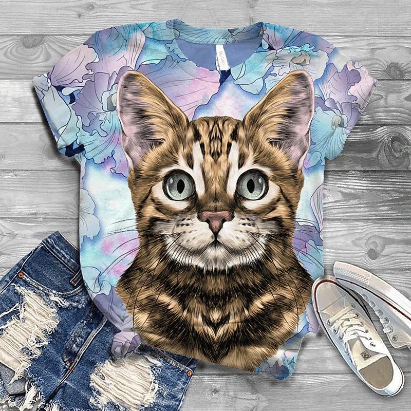 Summer Women's Fashion Short Sleeve T-shirt Cat 3D Print Hot Sale Streetwear Female Shirt O-Neck Regular Casual Blouse