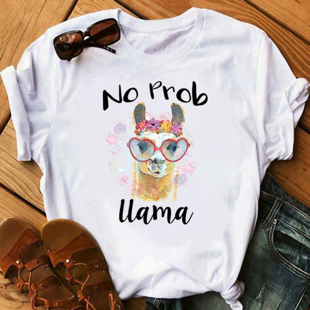 Funny Alpaca Lettering Art Women White Casual Loose Oversized Shirt Streetwear Daily Summer Tops Round Neck Durable Plus Size