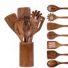 Natural Teak Wood Kitchen Utensil Set Wooden Cooking Tools with Holder Ideal for Healthy Non - Stick Cookware Cooking