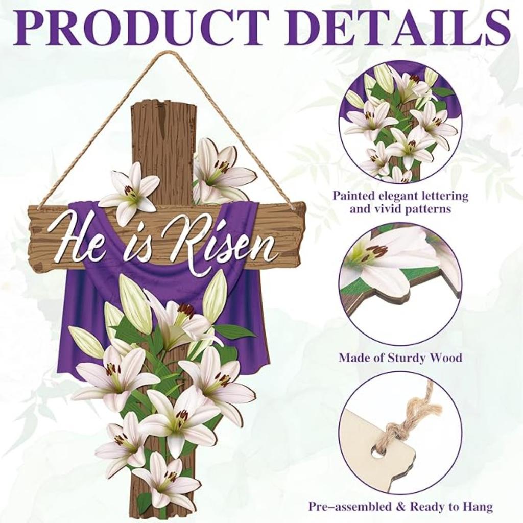 Easter He Is Risen Wreath for Front Door Religious Easter Decoration Wooden Cross Door Sign Hanging Sign Christian Floral Decor for Party Supplies