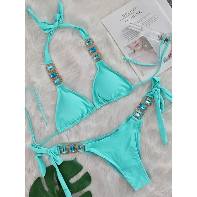 Сексуальный комплект бикини со стразами Женский 2025 Роскошный розовый с кристаллами и бриллиантами Пуш-ап Бандажный купальник стринги Пляжный купальник Купальник