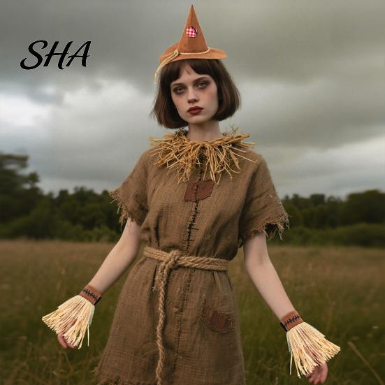 Elastic Headband for Costumes Scarecrow Costume Set, with Pointed Hat And Straw Retro Pieces Bracelets, Halloween Cosplay Farm Party Accessories