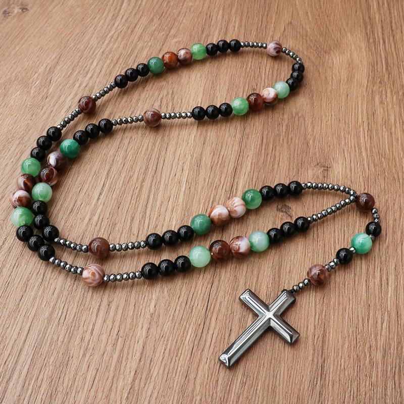 Natural Tiger Eye Volcanic Stone Beaded Rosary Necklace Alloy Cross Pendant Long Sweater Chain Unisex Religious Fashion Jewelry