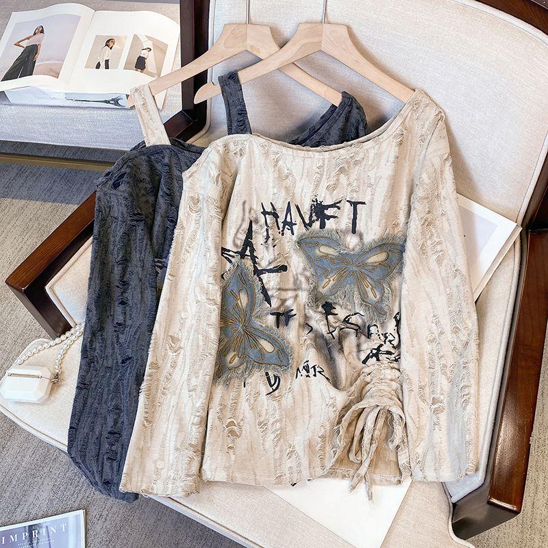 Butterfly Hole Breaking Design Top Long Sleeve Shoulder Leakage Women's T-shirt Korean Fashion Drawstring Lady Pullover