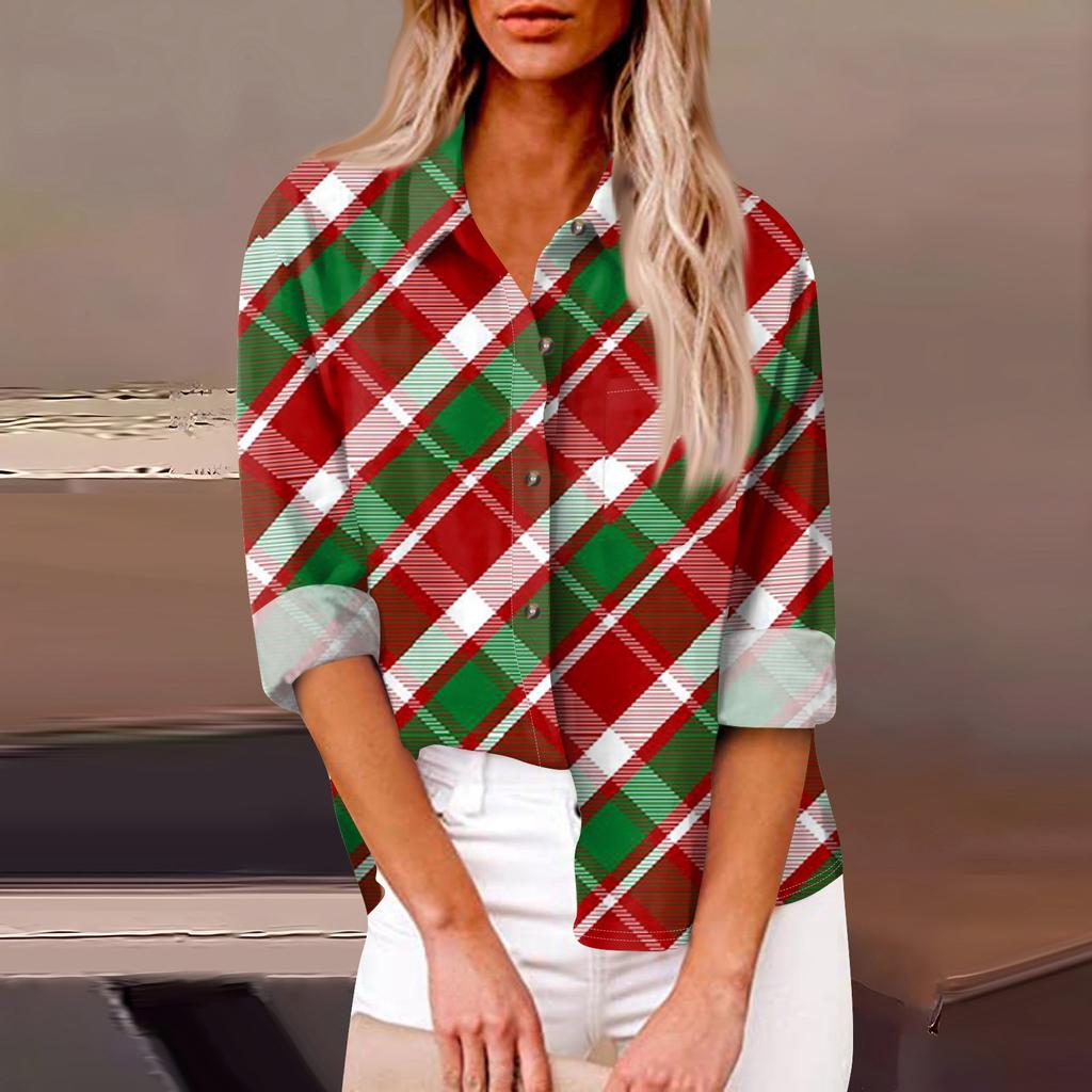 Женская свободная повседневная рубашка с длинными рукавами и рождественским принтом, кардиган с принтом и карманами