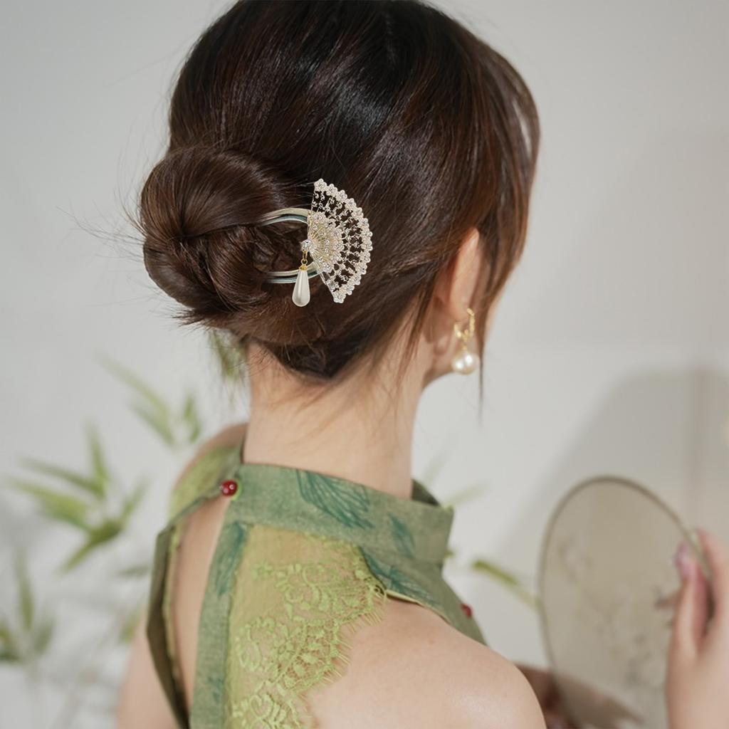 U-образные палочки для волос, вилки, китайские веерообразные заколки, боковые зажимы, декор из жемчуга и подвесок, элегантные женские украшения для создания пучка