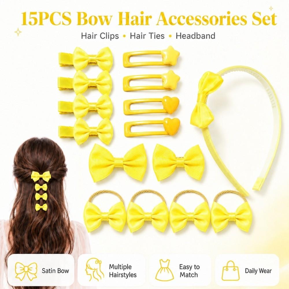 15Pcs/Set Colorful Bow Hair Accessories Set Satin Bow Hair Ties New Bow Headband Girls Gifts