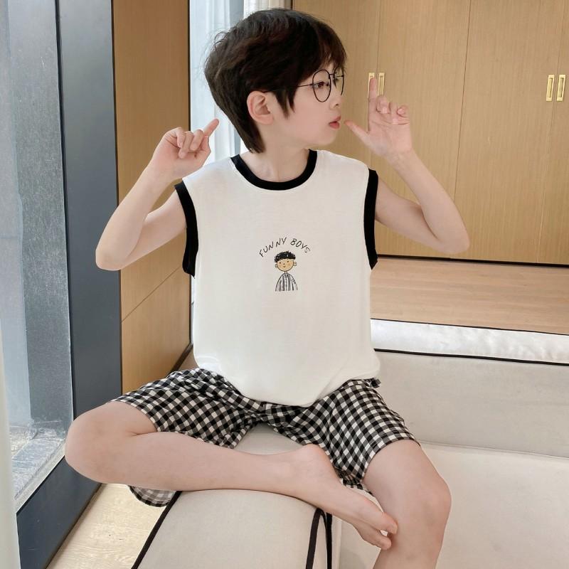 Boys Sleeveless Modal Pajama Set Cartoon Print Lightweight Home Wear Kids 8 Years