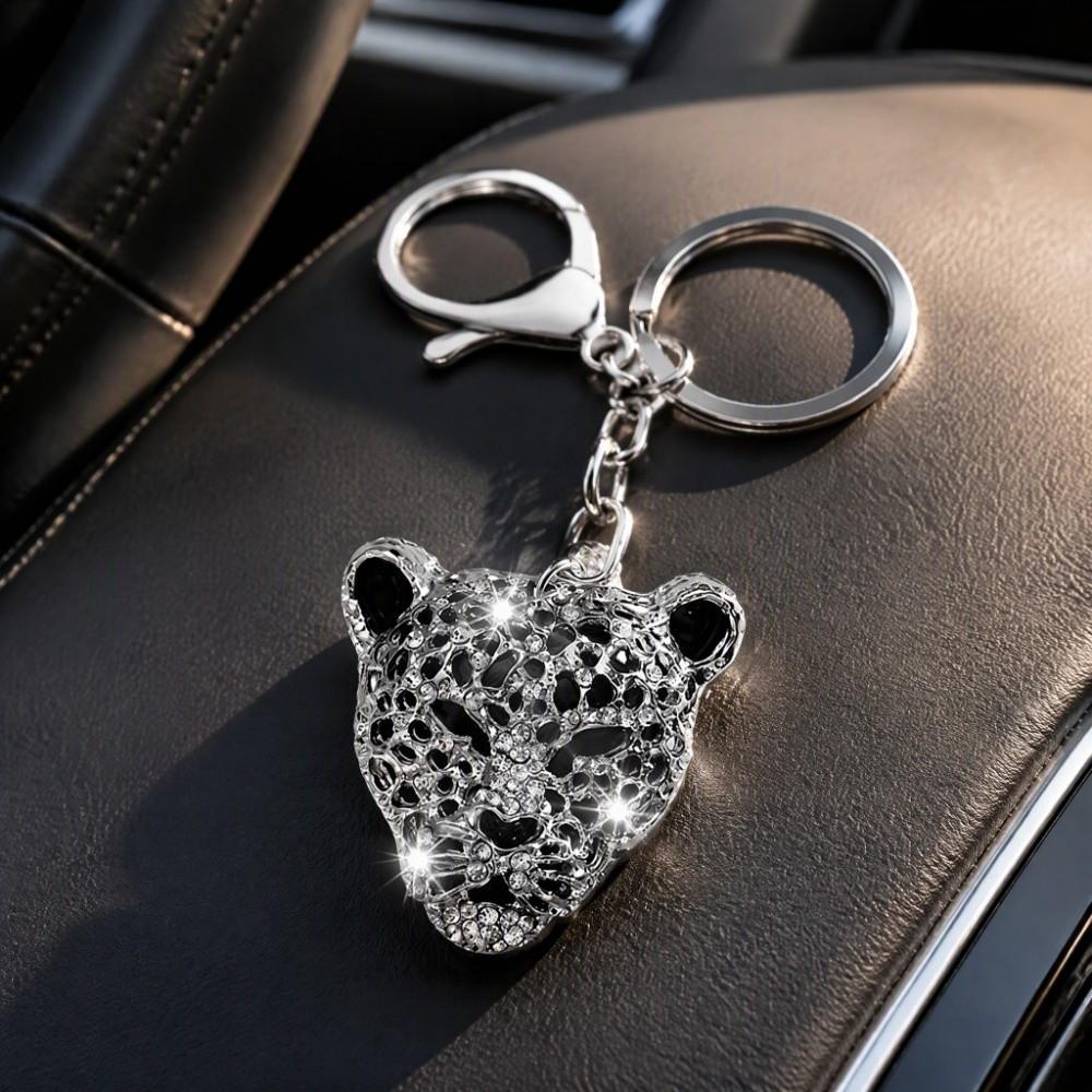 Crystal Rhinestone Leopard Head Keychain Silver Handbag Decoration Fashion Pendant Car Decoration