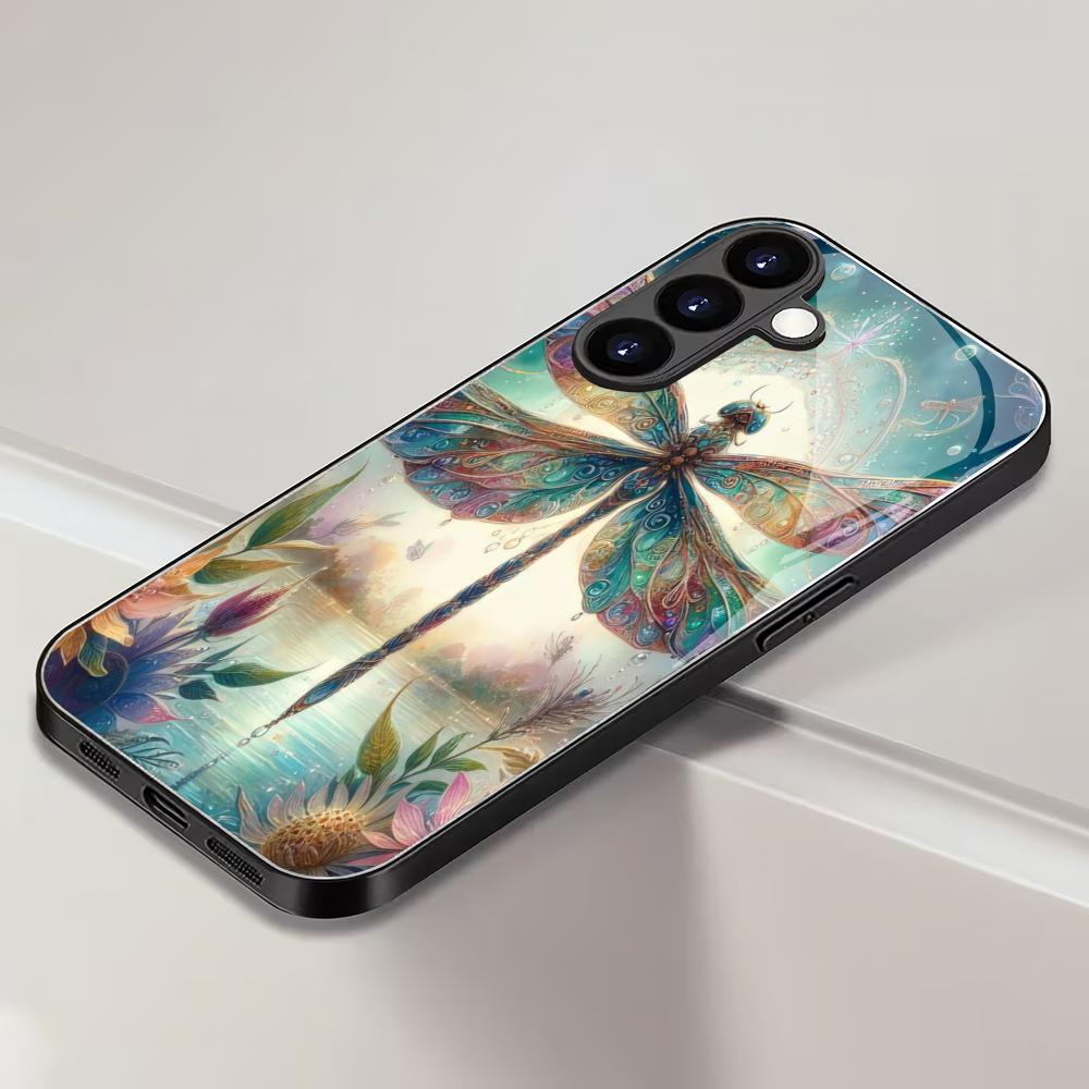 Закаленное стекло с узором стрекозы для телефона, подходит для Samsung GalaxyS26 S25 S24 S23 S22 S20FE/Ultra/Plus, противоударная задняя крышка