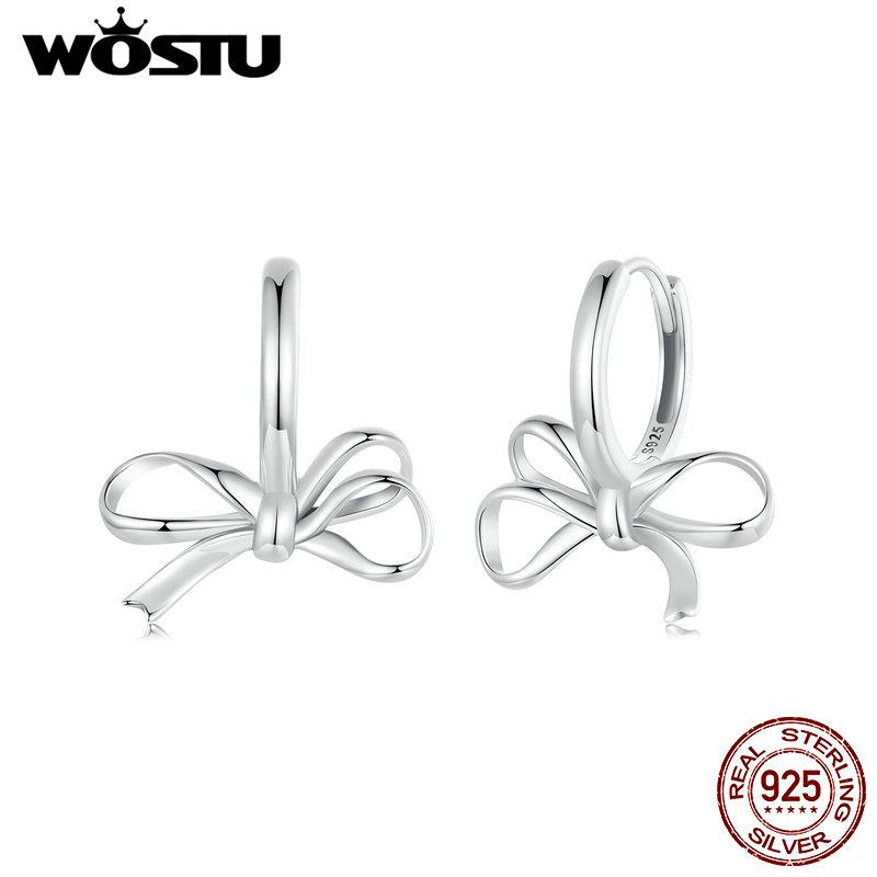 WOSTU 925 Sterling Silver Bow Hoop Earrings Lady Birthday Jewelry Hollow Bow-knot Ear Buckle Euro Korean Student Girl Party Gift
