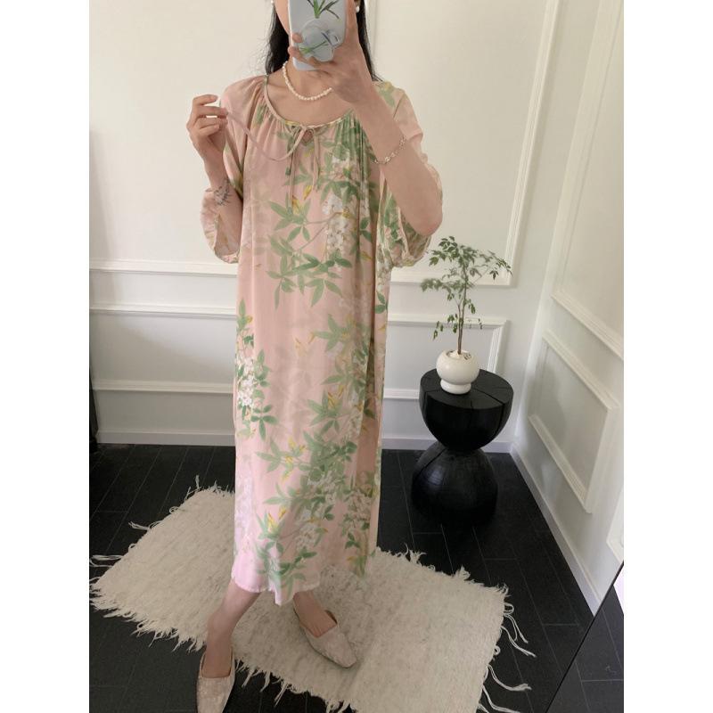 1011 new cotton and silk nightdress women's high-end printing short-sleeved long dress large size thin can be worn outside loungewear