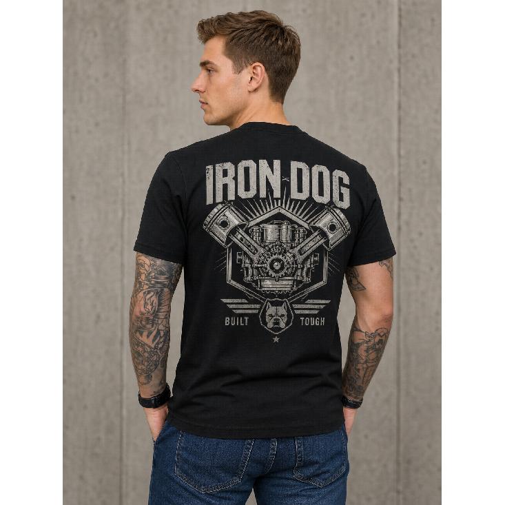 men's black short sleeve crew neck t-shirt with vintage engine graphic and bulldog logo, soft cotton feel, relaxed fit for casual wear or motorcycle