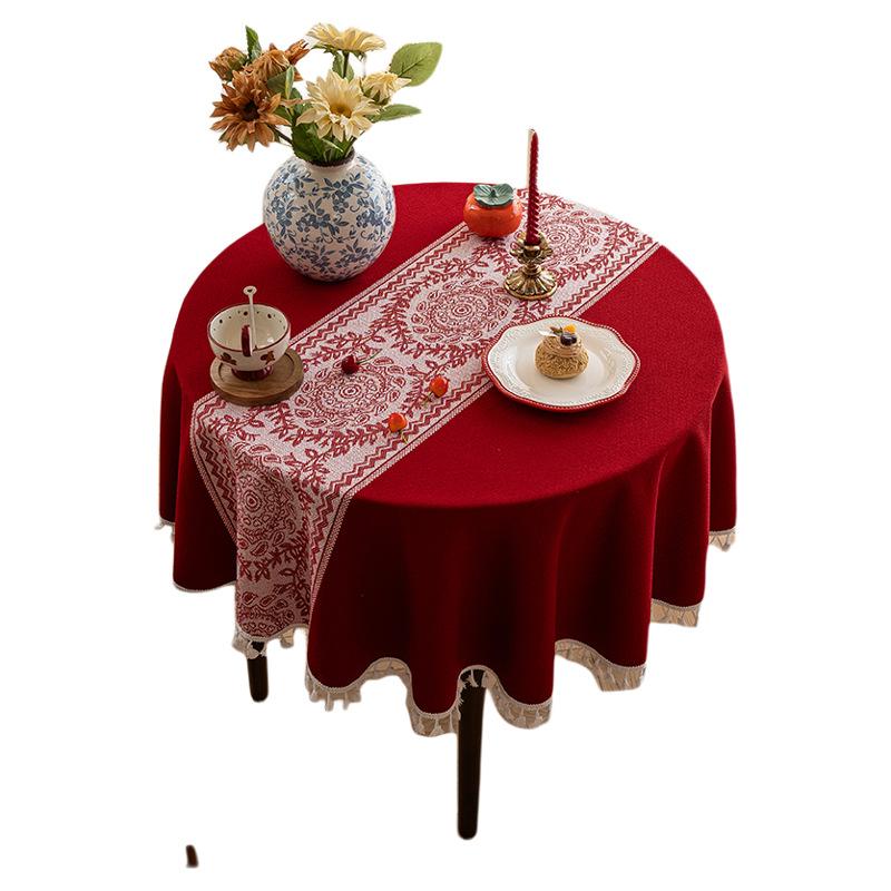 Festive Red Linen Tablecloth With Fringe Durable Rectangular Dining Table Cover