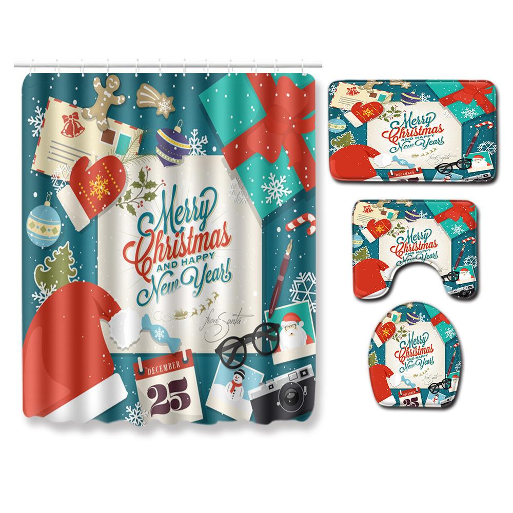 Christmas Waterproof Shower Curtain Four-Piece Combination Floor Mat Entrance Door Mat Bedroom Living Room Carpet