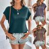 Ladies Summer Short Sleeve O Neck Solid Color Jacquard Plaid Pullover T Shirt Top