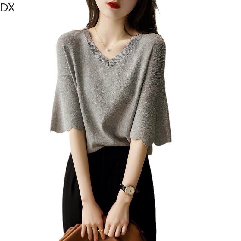 DX-Micro расклешенный топ с лепестковыми рукавами и v-образным вырезом, женская летняя вязаная футболка, свободный свитер из ледяного шелка с короткими рукавами, тонкая женская рубашка в иностранном стиле