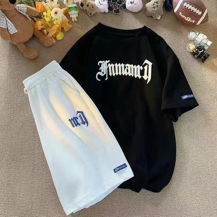 Летняя мужская футболка с коротким рукавом, дышащая вафельная футболка с коротким рукавом, молодежная футболка, нижняя часть рубашки, шорты, костюм