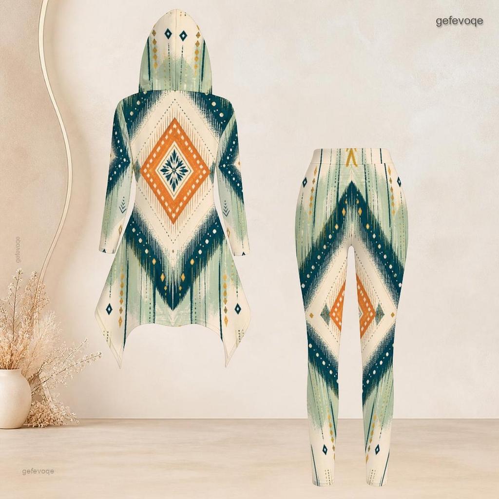 Women Plus Size Hooded Two Piece Set Long Sleeve High Low Printed Top And Fitted Pants