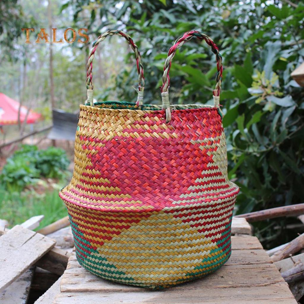 T-Garden Folding Straw Wicker Storage Basket Handle Garden Flower Pot Planter Laundry Bag
