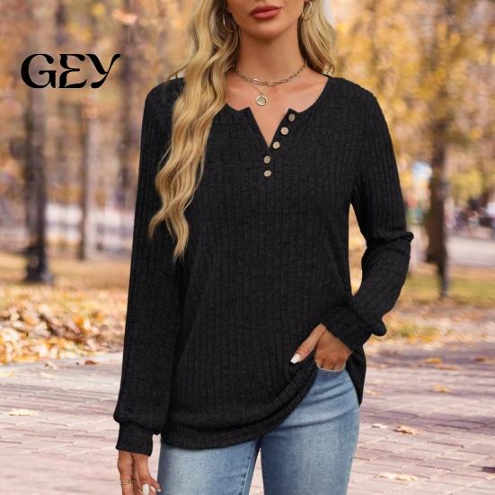 Women Ribbed Top Long Sleeve Top, Loose Casual Blouse with Button, Solid Vertical Striped Tops Color Crew Neck Pullover ShCrew irt for Spring