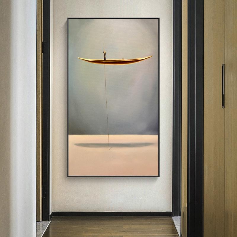 Золотая лодка, абстрактный творческий одинокий мыслитель, холст, живопись, постеры и принты, настенные художественные фотографии для гостиной, Декор Куадрос